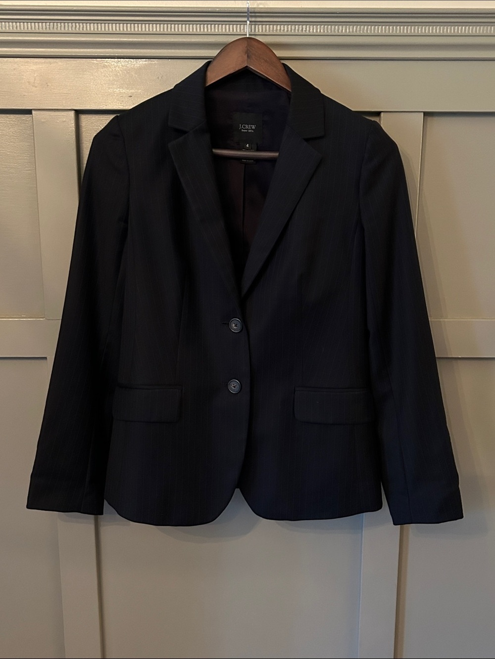J. Crew Nouvelle Blazer Jacket Black Pinstripe Super 120s Wool Size 4